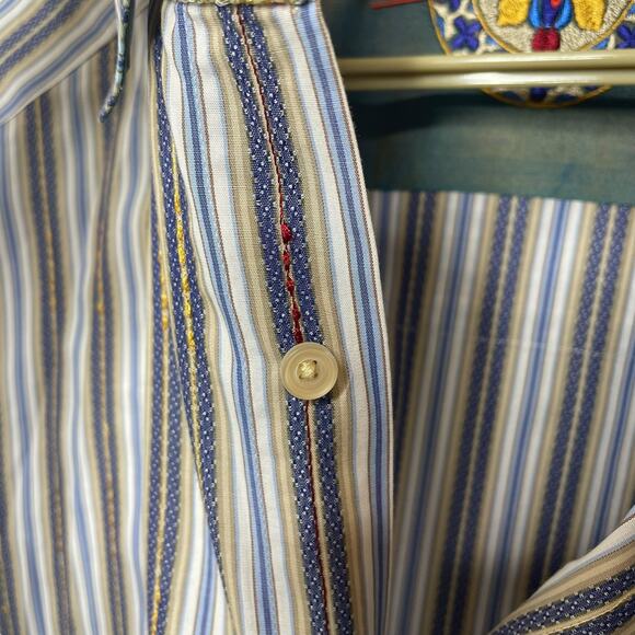 Robert Graham Men’s Striped Button Down Shirt Silk Trim Flip Cuff Blue Size XXL - Picture 10 of 14